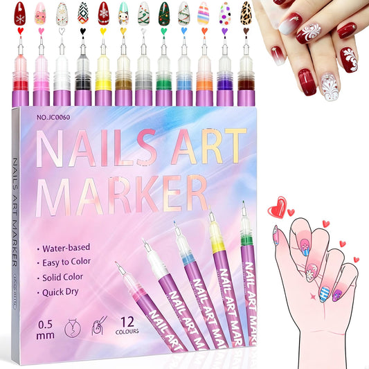 Nail Art Pens Set 12 Colors - Nail Art Markers, Drawing Painting Liner Brush for DIY Nail Art Beauty Adorn Manicure Tools, Fine Tip Nail Art Pen 0.5mm, Quickly Dry Nail DIY Decoration for Women