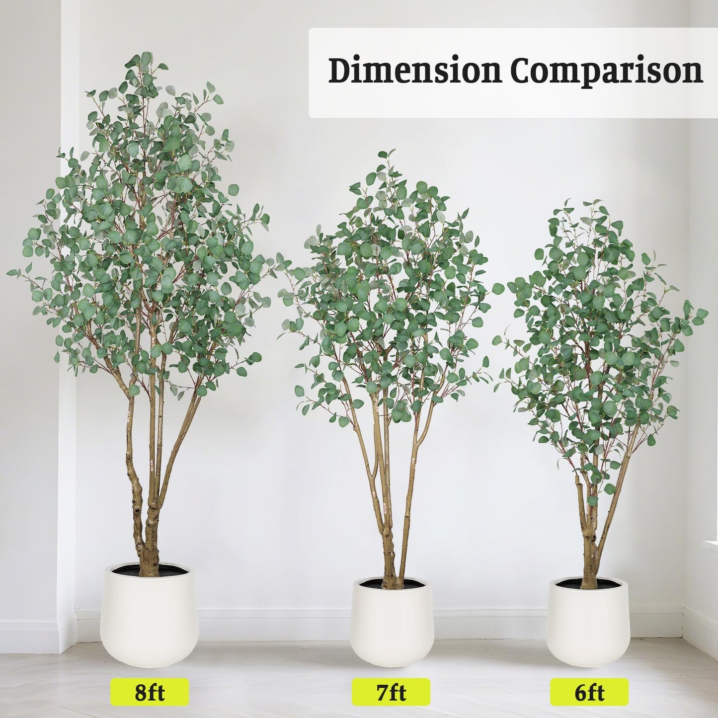 Artificial Eucalyptus Trees with White Planter, 8 FT Faux Eucalyptus Plants Indoor Tall Fake Floor Trees with Silk Leaves and Thick Trunk for Living Room Bedroom Corner Home Office Decoration