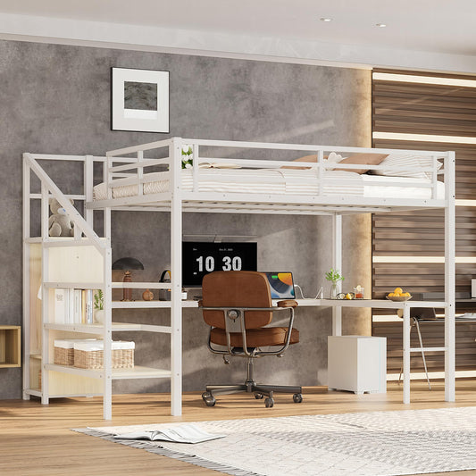 Bellemave Queen Loft Bed with Staircase and L Desk, Wardrobe, Metal Queen Loft Bed Frame for Adults, Kids, Teens, White Wood-Grain