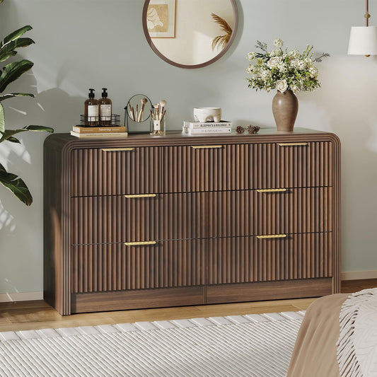 Decofy Fluted Drawers Dresser for Bedroom, Wood Dressers with Gold Handles, Modern Dressers with Wave Texture, Large Storage Chest of Drawers, Bedroom Dresser Organizer 55'' & 7 Drawers (Walnut)