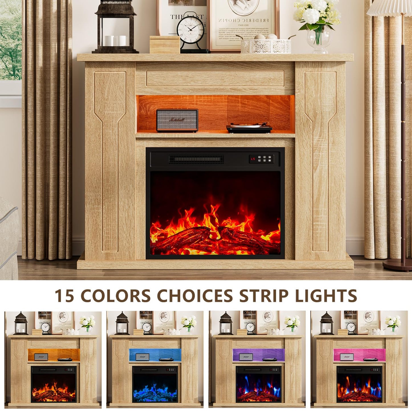 Ofika 43” Electric Fireplace with Mantel, Solid Wood Modern TV Stand with Fireplace Freestanding Entertainment Center with Storage Compartment, 23" Fireplace Insert Heater for Living Room，Wood
