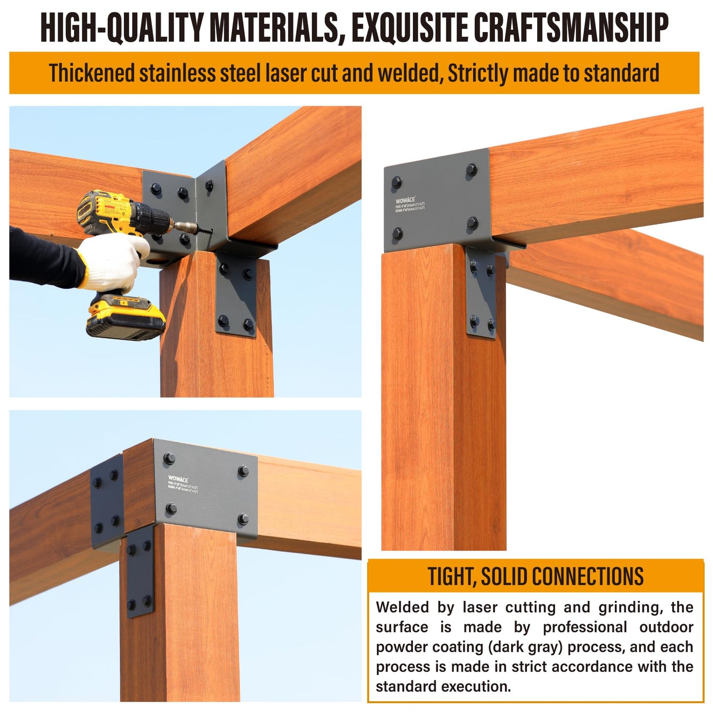 WOWACE 2 Pack 4x6 (Actual 3.5"x5.5") Heavy Duty Stainless Steel Pergola Brackets - Corner Post to Beam Connector for Gazebos, Patio Decks, Porches - Wood Post Cap Tie Bracket (Dark Gray)
