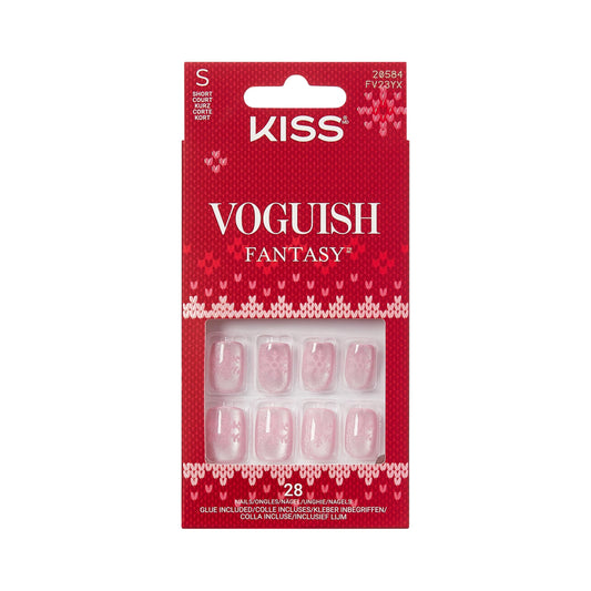 KISS Voguish Fantasy Holiday Press On Nails, ‘Frosty Delights’, Pink, Short Squoval, No Damage To Natural Nails, Pink Gel Nail Glue (2g), Mini Nail File, Manicure Stick, & 28 Fake Nails