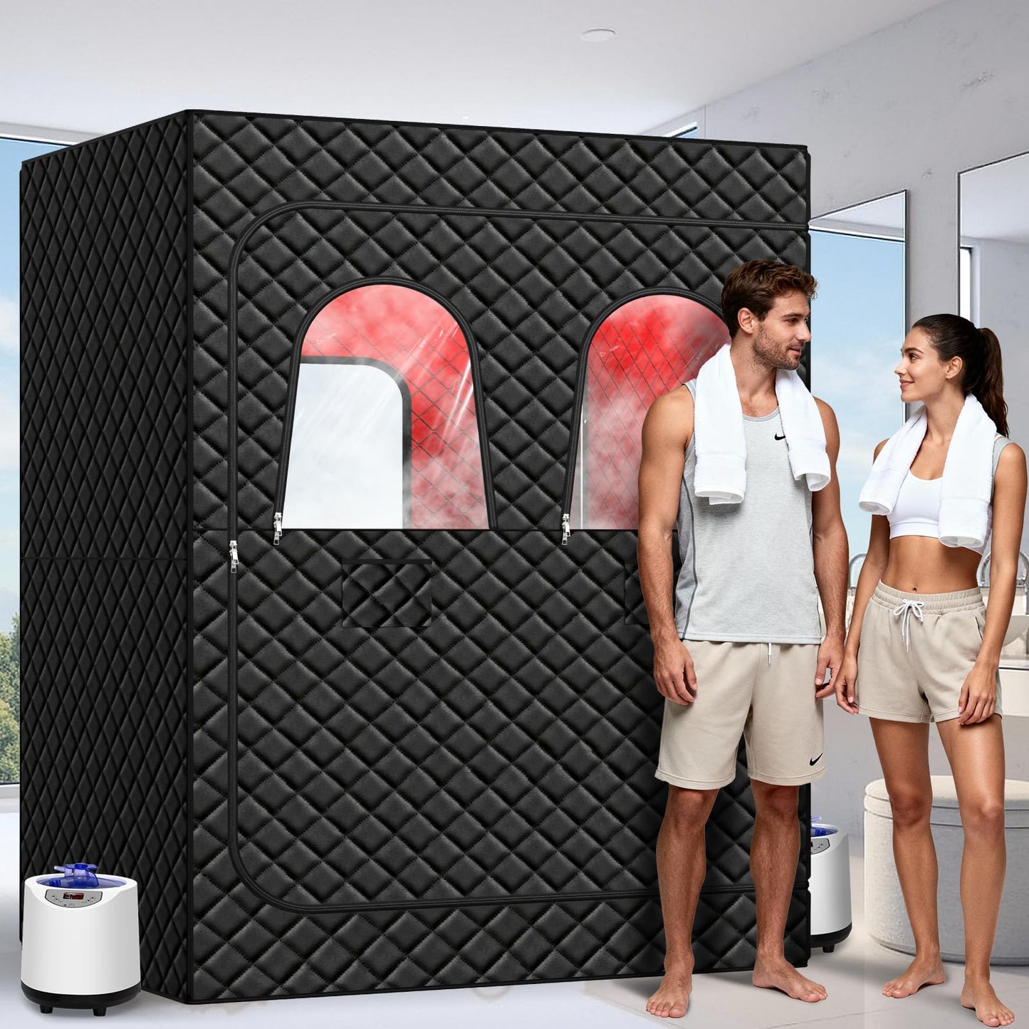 2 Person Infrared Sauna Box for Home, Portable Steam Sauna Room with 660nm+850nm Red Light Therapy Lamp, 5-Layer Waterproof, 2 Steamers, 2 Folding Chair, 2 People Red Light Sauna