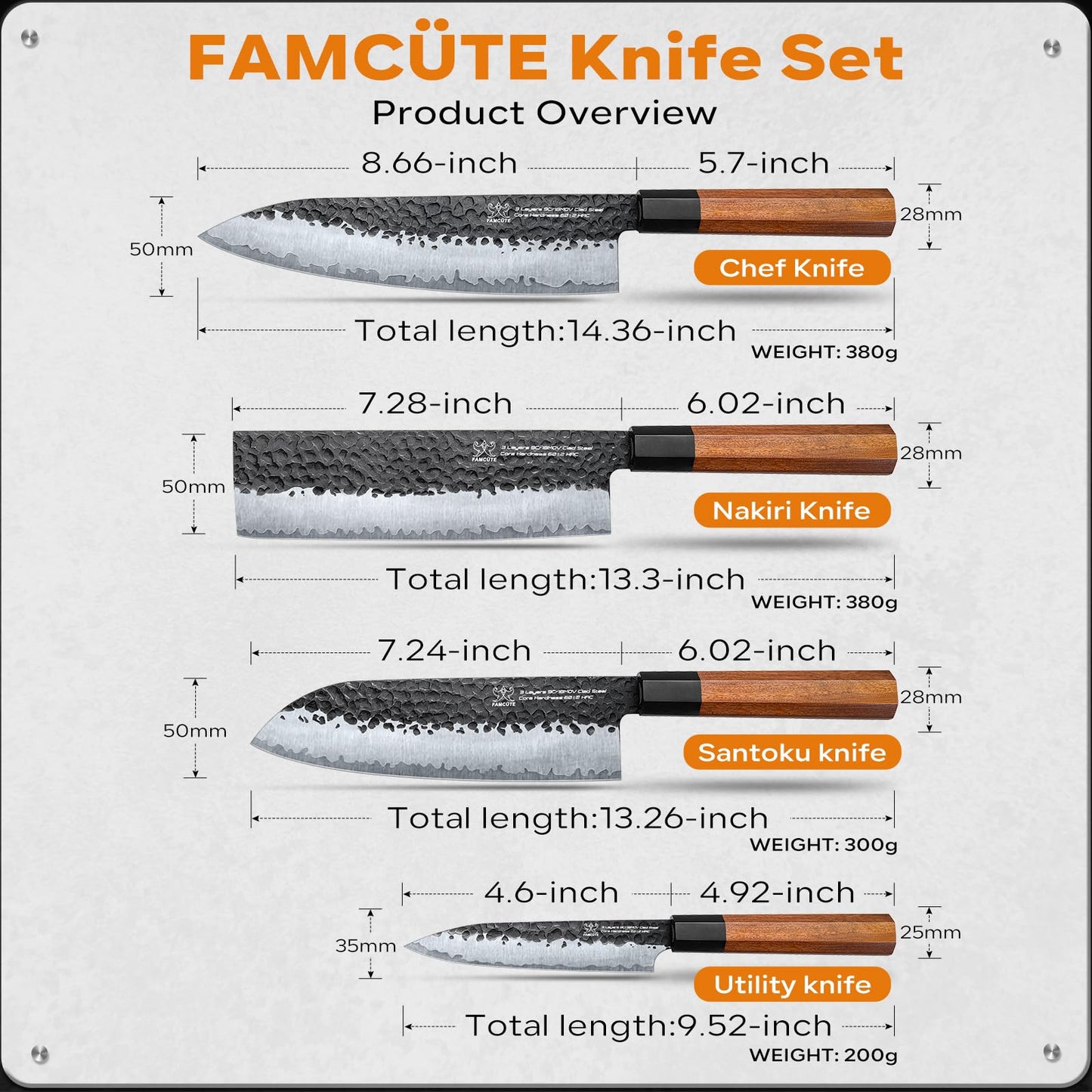 FAMCüTE Japanese Knife Block Set, Hand Forged 5-Layer 9CR18MOV Clad Steel Ultra Sharp Kitchen Knives with Wooden Storage & Rosewood Handle, Includes Chef, Santoku, Nakiri, Fruit Knife for Home Mom/Dad