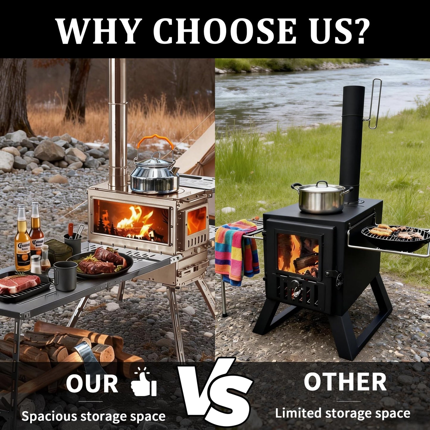 M6 Wood Burning Stove with Oven, 2100 Cu In Large Firebox & 3 Air Inlets, Stainless Steel Camp Stove with Foldable IGT Table, Ash Drawer & 6 Chimney Pipes for Outdoor Cooking, Camping