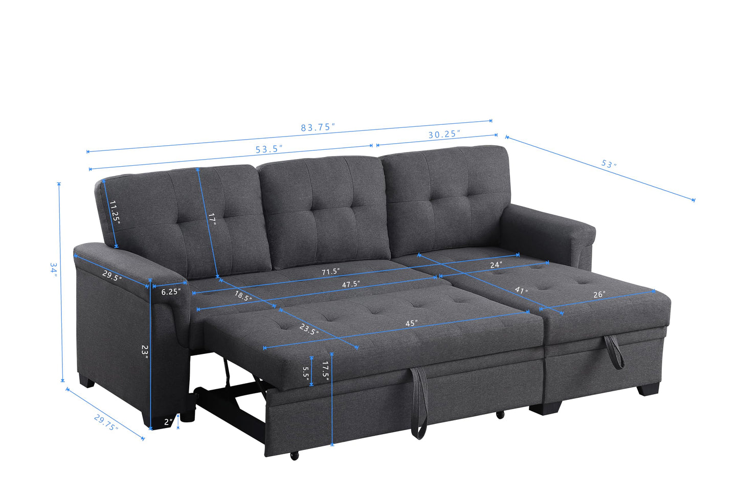 ERYE 83-inch Pull Out Sleeper Couch Bed, L-Shaped Reversible Sleeper Sectional Sofa Linen Blend Tufted Upholstered Corner Convertible Sofa Bed with Storage Chaise