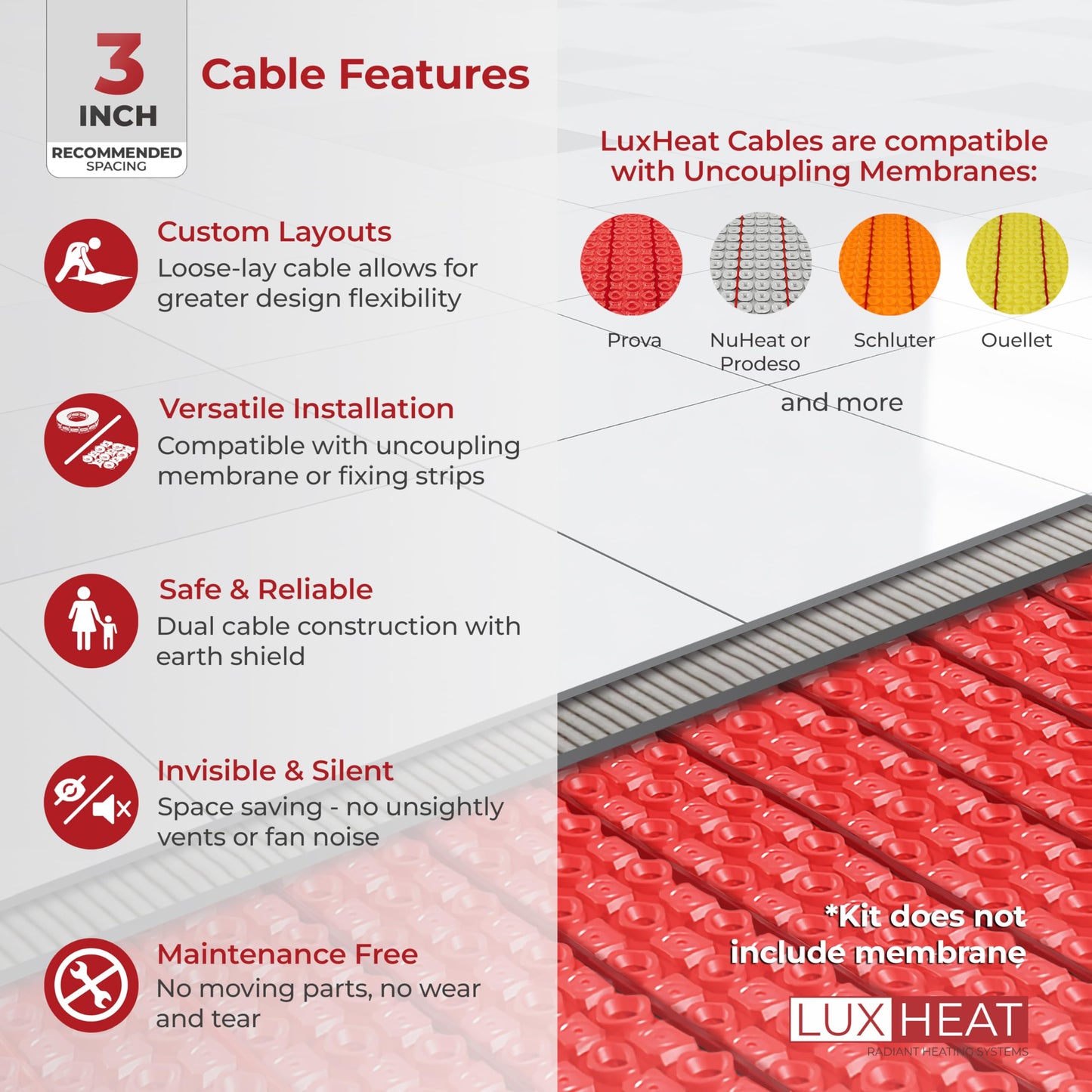 LuxHeat 100sqft Floor Heating Cable Kit - 120v Tile, Vinyl, Laminate Flooring Heating System - Heated Flooring System Includes UDG4 Programmable Thermostat w/GFCI, Heat Cable, Alarm & Floor Sensor