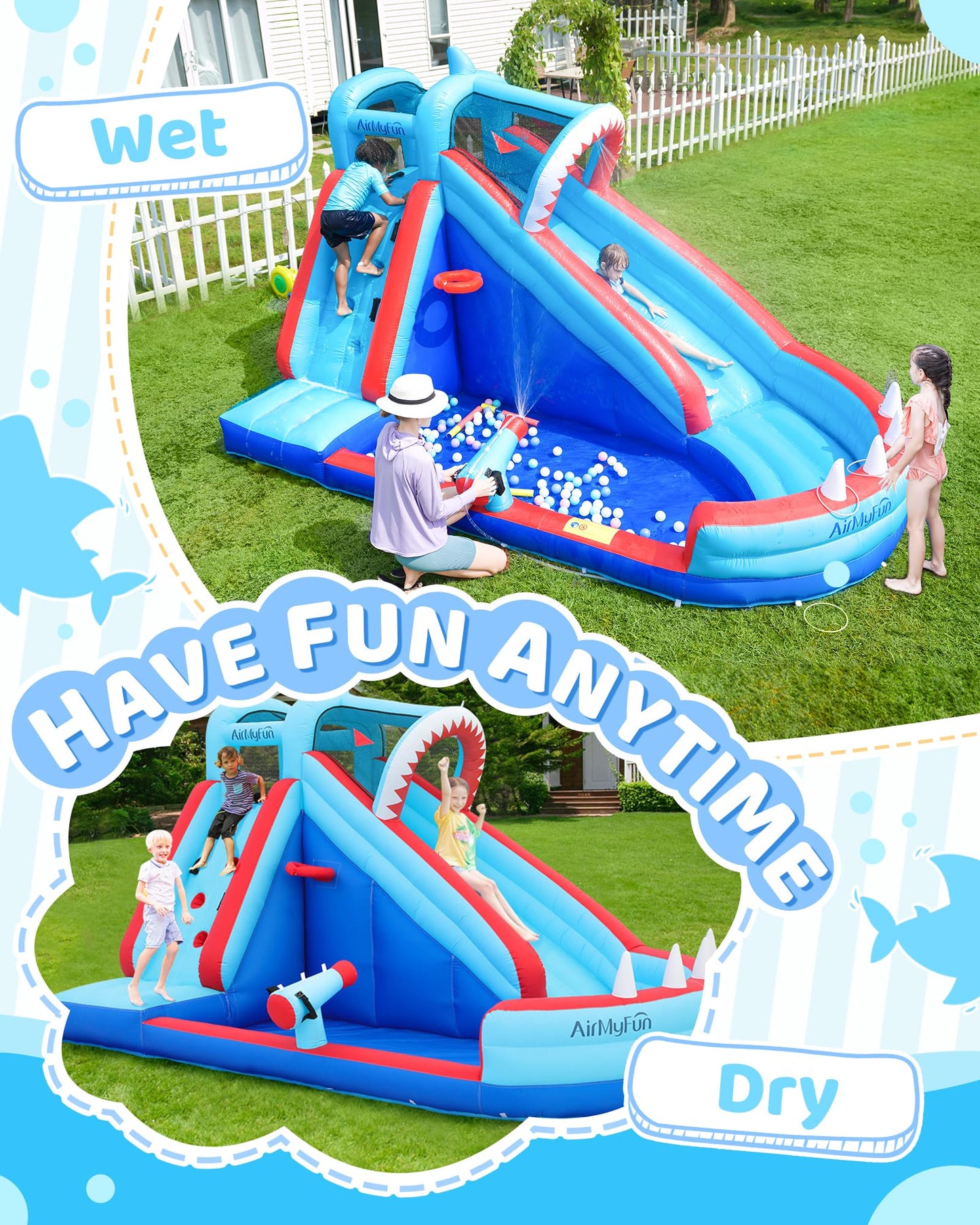 AirMyFun Bounce House, Sharks Theme Inflatable Bouncy House with Slide, Kids Bounce House Water Park with Slides Bouncer Castle with Splash Pool, Climbing Wall, Ball Shooting