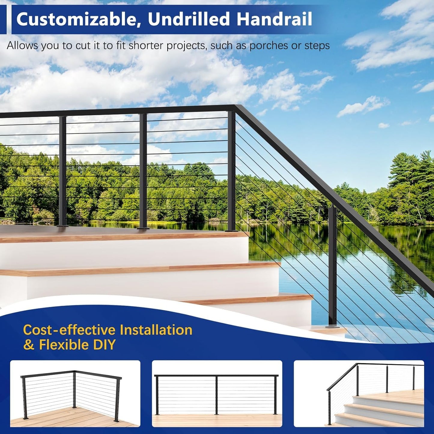 Zylorix 3Pack 10FT Aluminum Black Handrail for Lake House Deck Railing, 2.36" W X 1.18" H Cuttable Rectangular Flat Top Hand Rail for DIY Outdoor Deck Stair Cable Railing(Screws Included)