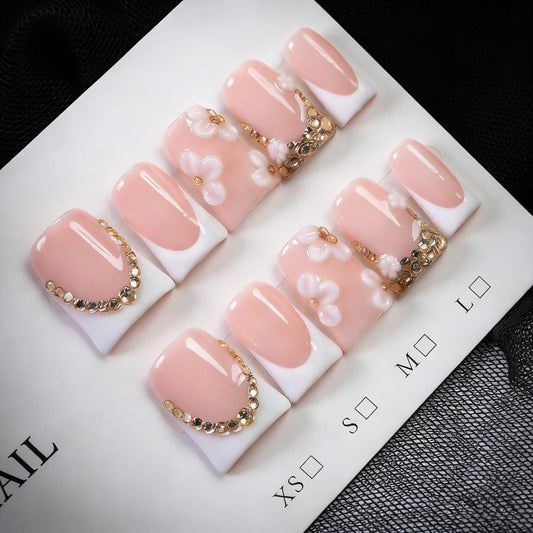Duck Handmade Press on Nails Luxury 3D Flower & Rhinestone Fake Nails Muti-Layer Gel Acrylic Nail White French Tip False Nails with Design Full Cover Thicked Short Stick on Nail for Women (M)