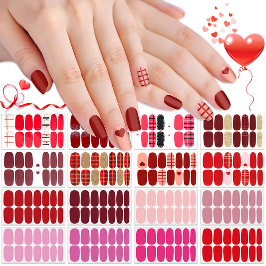 SILPECWEE 16 Sheets Nail Polish Strips Red Plaid Solid Color Nail Wraps for Women Self Adhesive Nail Polish Stickers Gel Nail Strips Fingernail Manicure Sticker Nail Art