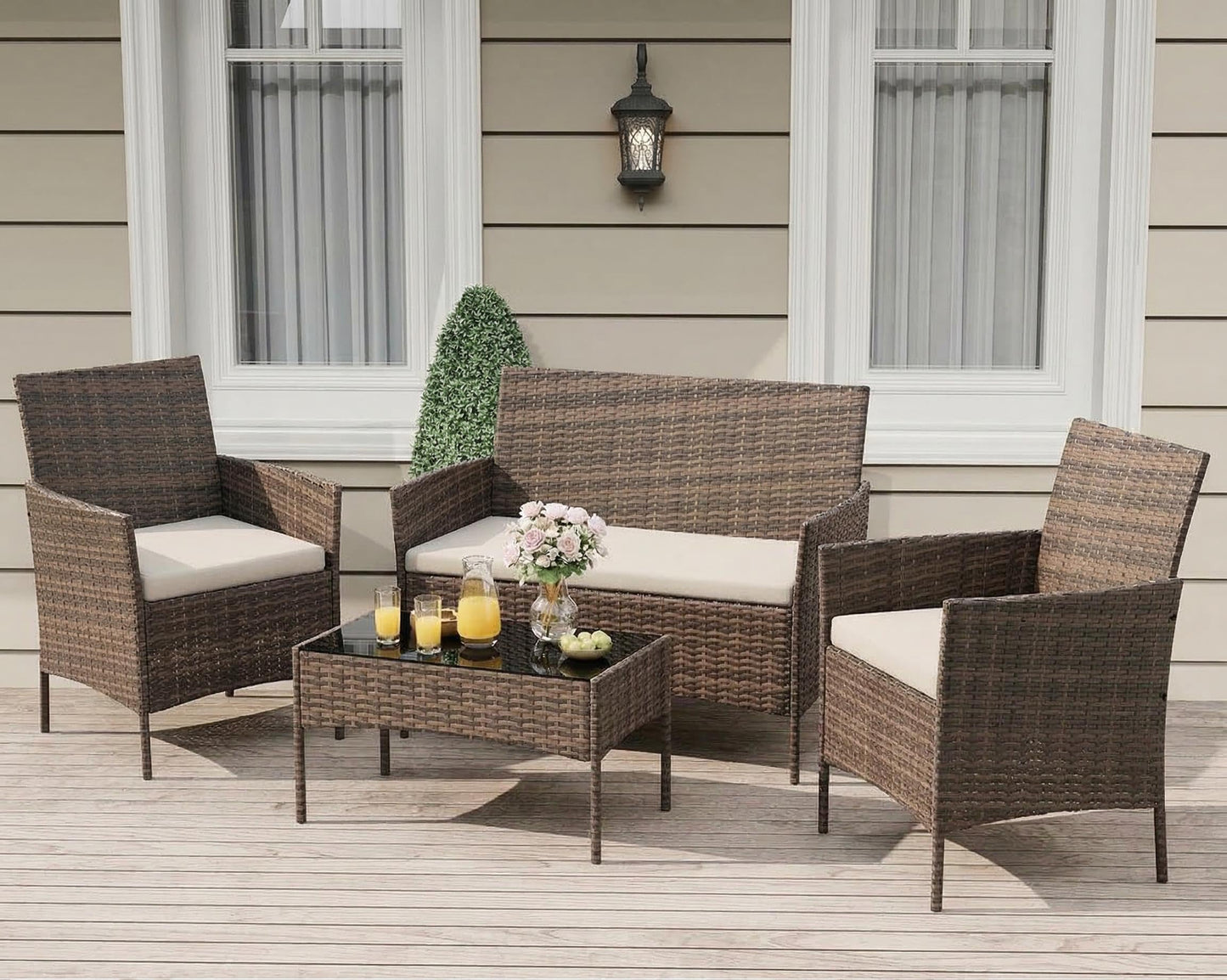 GarveeLife 4-Piece Patio Furniture Set, Rattan Outdoor Furniture with Upholstered Sofa, 2 Chairs & Coffee Table, Modern Conversation Bistro Set for Garden Backyard Porch (Gradient Brown and Beige)