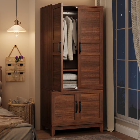 GarveeHome 72" Tall Armoire Wardrobe Closet with 4 Doors, Large Wooden Wardrobe Cabinet with Hanging Rod and Adjustable Shelves, Freestanding Clothing Storage Cabinet for Bedroom, Walnut Brown
