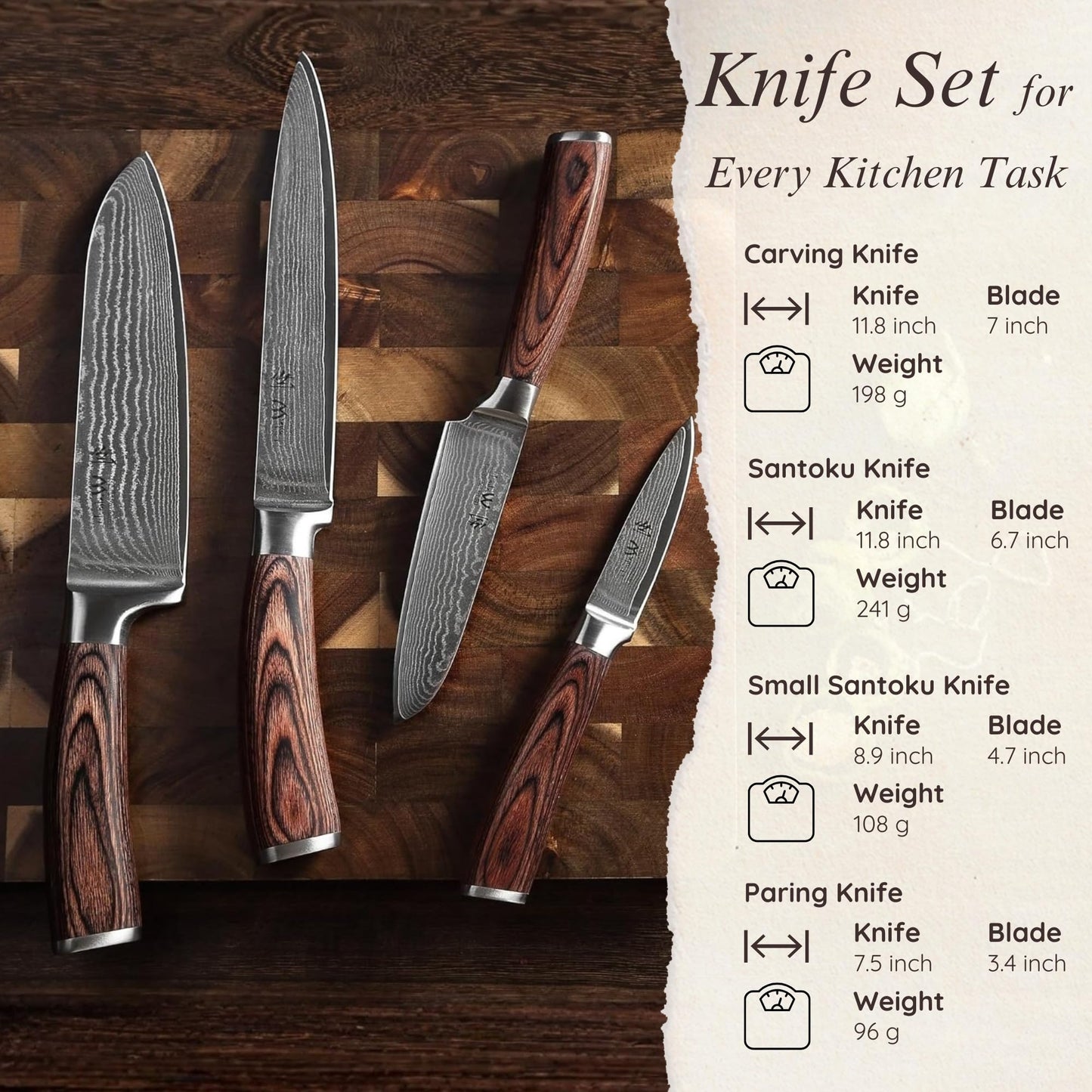 Wakoli EDIB 4-Piece Damascus Knife Set – Professional Chef Knives Set with VG10 Core Blades, 67-Layer Damascus Steel and Ergonomic Pakkawood Handles – Premium Kitchen Knives in Elegant Gift Box