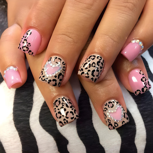 Leopard Print Press on Nails Short Square Fake Nails Heart Rhinestone Design Glossy Stick on Nails Reusable Acrylic Nails Artificial Nails False Nails Full Cover Glue on Nails for Women Girls 24 Pcs