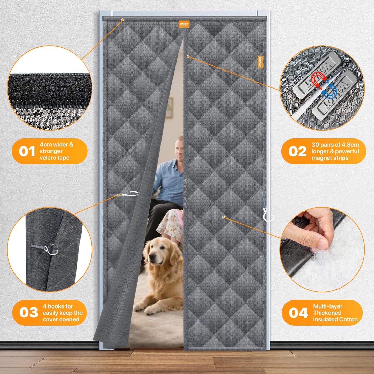 LOVIGA Heavy Duty Thermal Insulated Door Curtain, Thicken Oxford & Cotton Magnetic Thermal Door Cover for Winter, Weatherproof, Self Sealing, Keep Cold Out, Fit Doors Size 36 Inch×82 Inch Grey