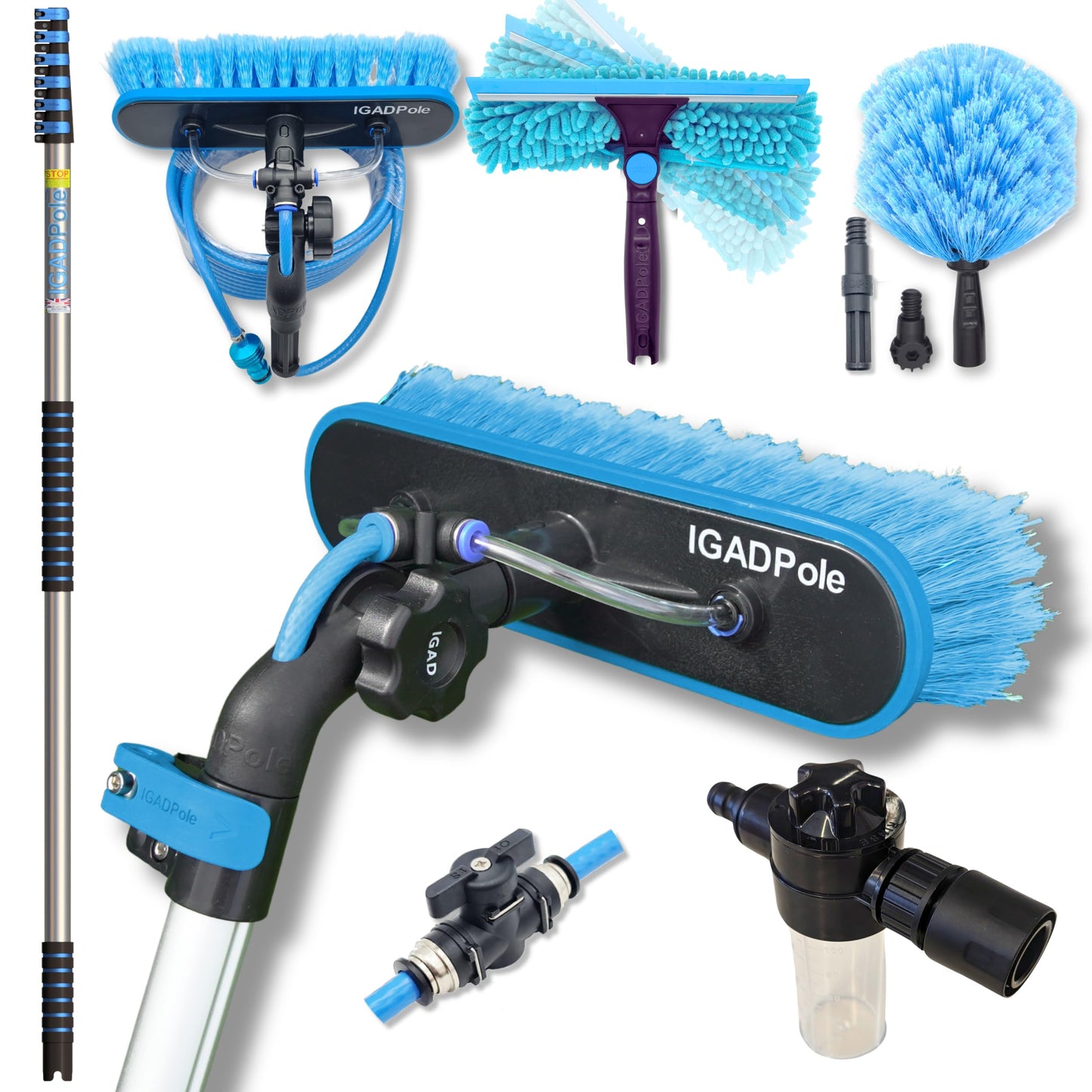 IGADPole 24 FT Water-Fed Washing Kit with Soap-Dispenser, Brush, 10″ Squeegee & Cobweb Duster for Windows, Gutters, Solar Panels & Exterior Walls