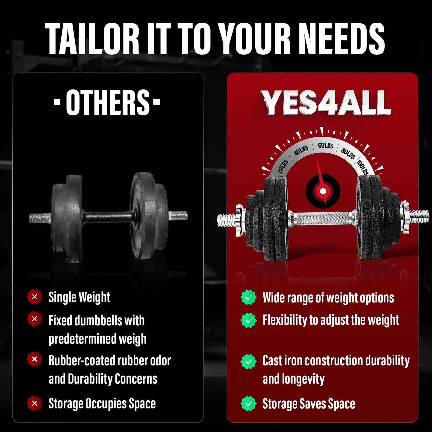 Yes4All 40lbs Pair + Connector Adjustable Dumbbell Set with Weight Plates & Star Lock Collars, 40lbs to 200lbs Adjustable Weight Set