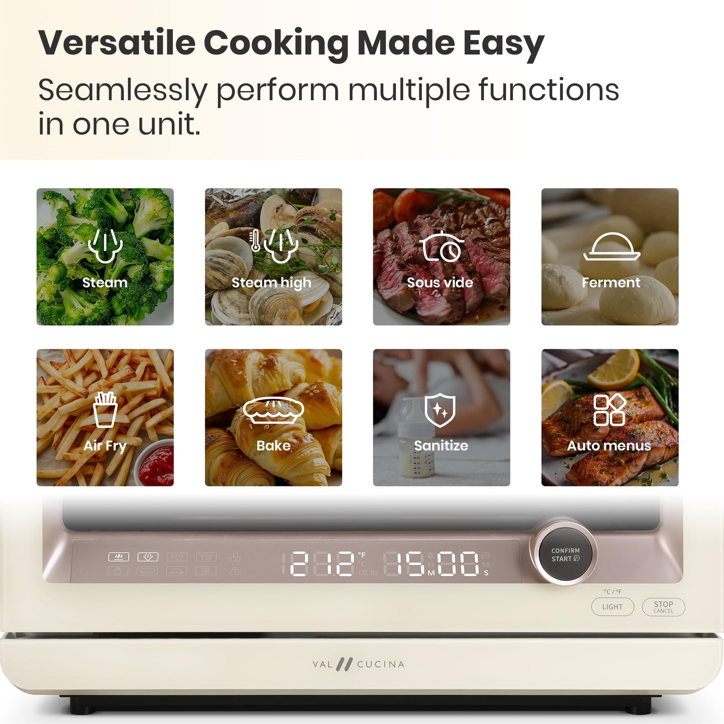 VAL CUCINA 7-in-1 Steam Convection Oven Countertop with Air Fry, Bake, Sous Vide, Ferment, Built-in Recipes & VAL Board Cutting Board, Creates Storage Space, Protects Cabinets