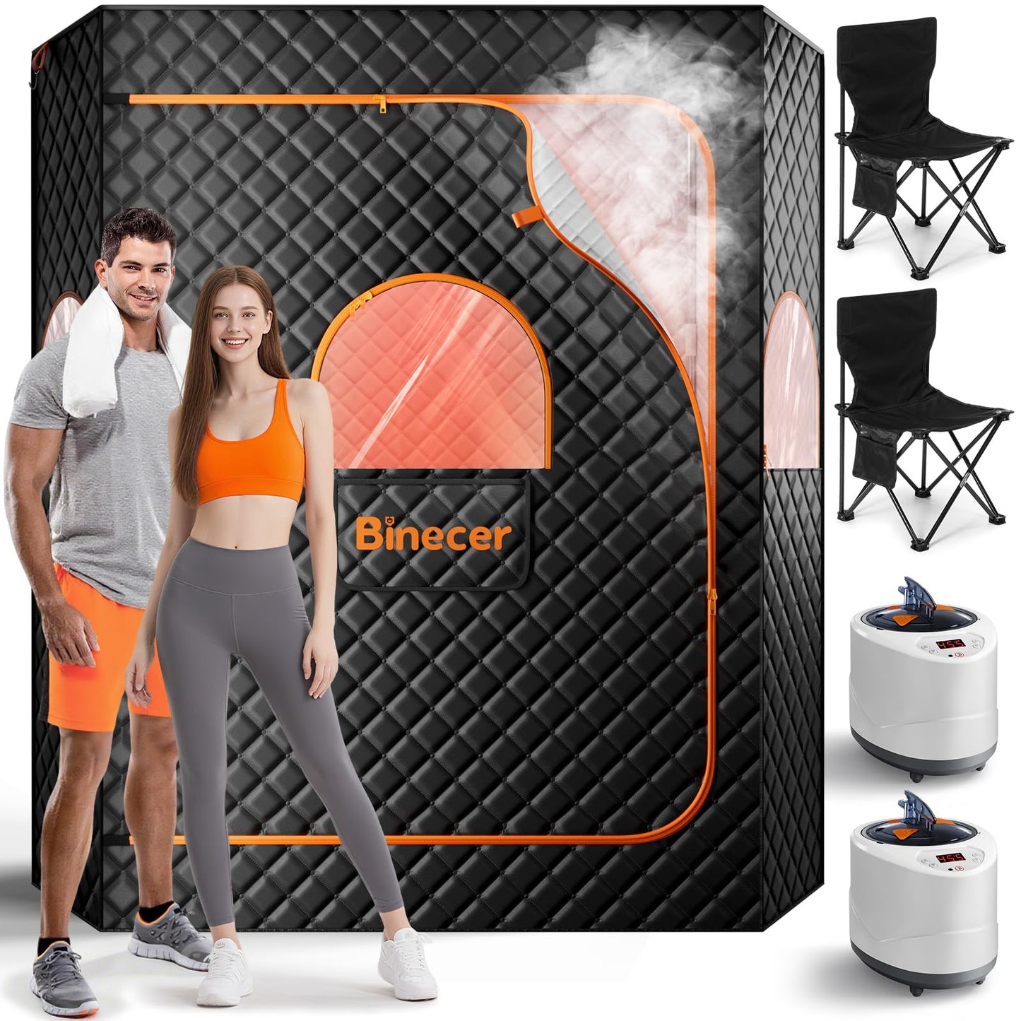 Binecer Portable Sauna Box, 2 Person Portable Steam Sauna for Home, Large Sauna Tent with 2 Steamer, Folding Chair for Relaxation-Black