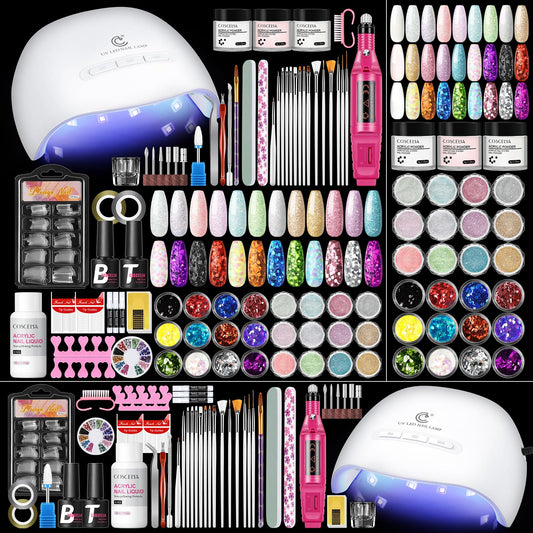 58PCS Acrylic Nail Kit for Beginners with Everything, 3 Colors Professional Acrylics Powder with Drill and U V Light 24pcs Glitter Decoration Complete Acrylic Nail Set Home Salon Design Gift Set