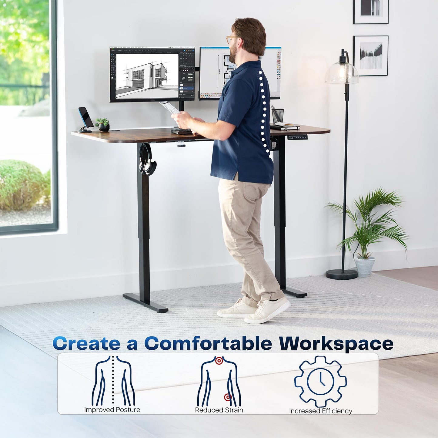 VIVO Electric 63 x 32 in Rustic Standing Desk, Memory Height Adjustment, 1B Series, Holds 220 lbs, Vintage Brown Top Black Frame, DESK-KIT-1B1N