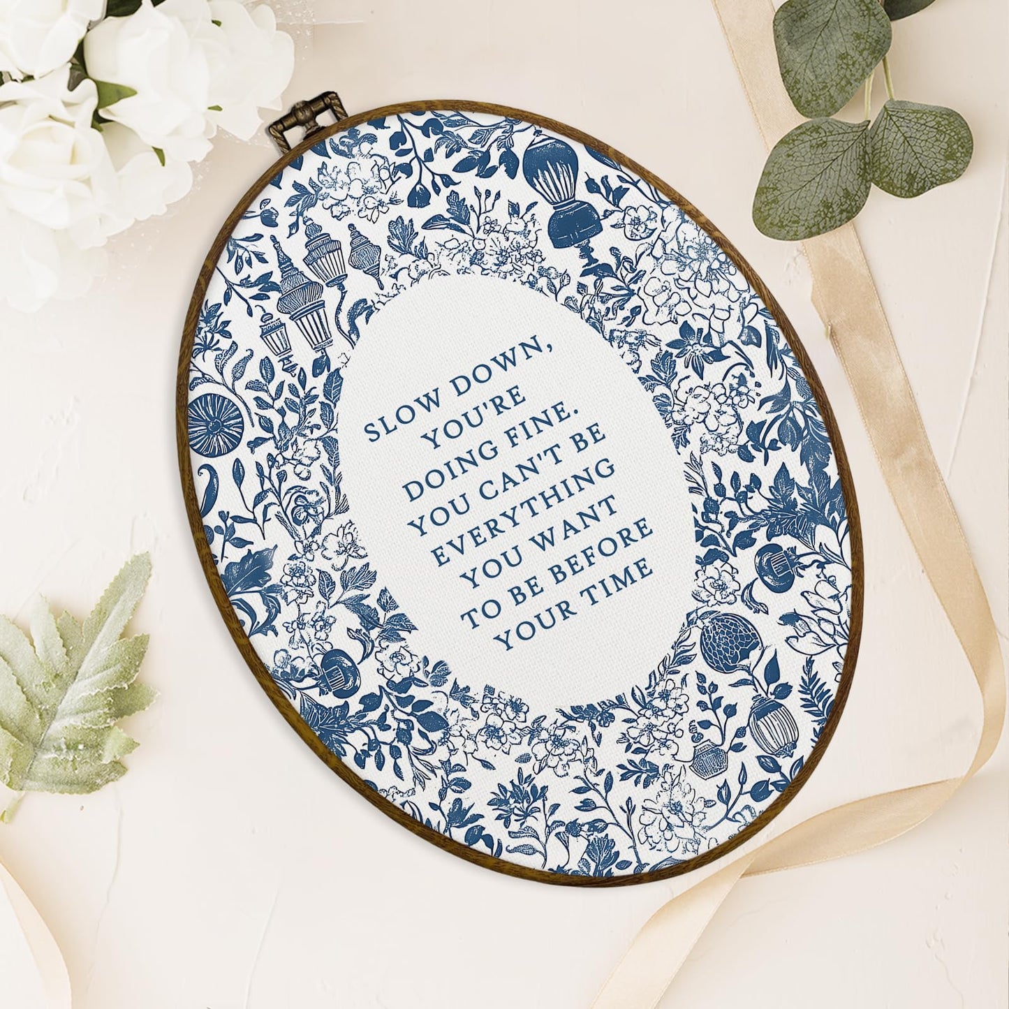 dvhdajed Slow down You're Doing Fine Oval Wall Art Decor,Blue and White Floral Botanical Framed Canvas Art, Boho Aesthetic Inspirational Wall Hanging Decor for Gallery Bedroom Office,8.7x11.3