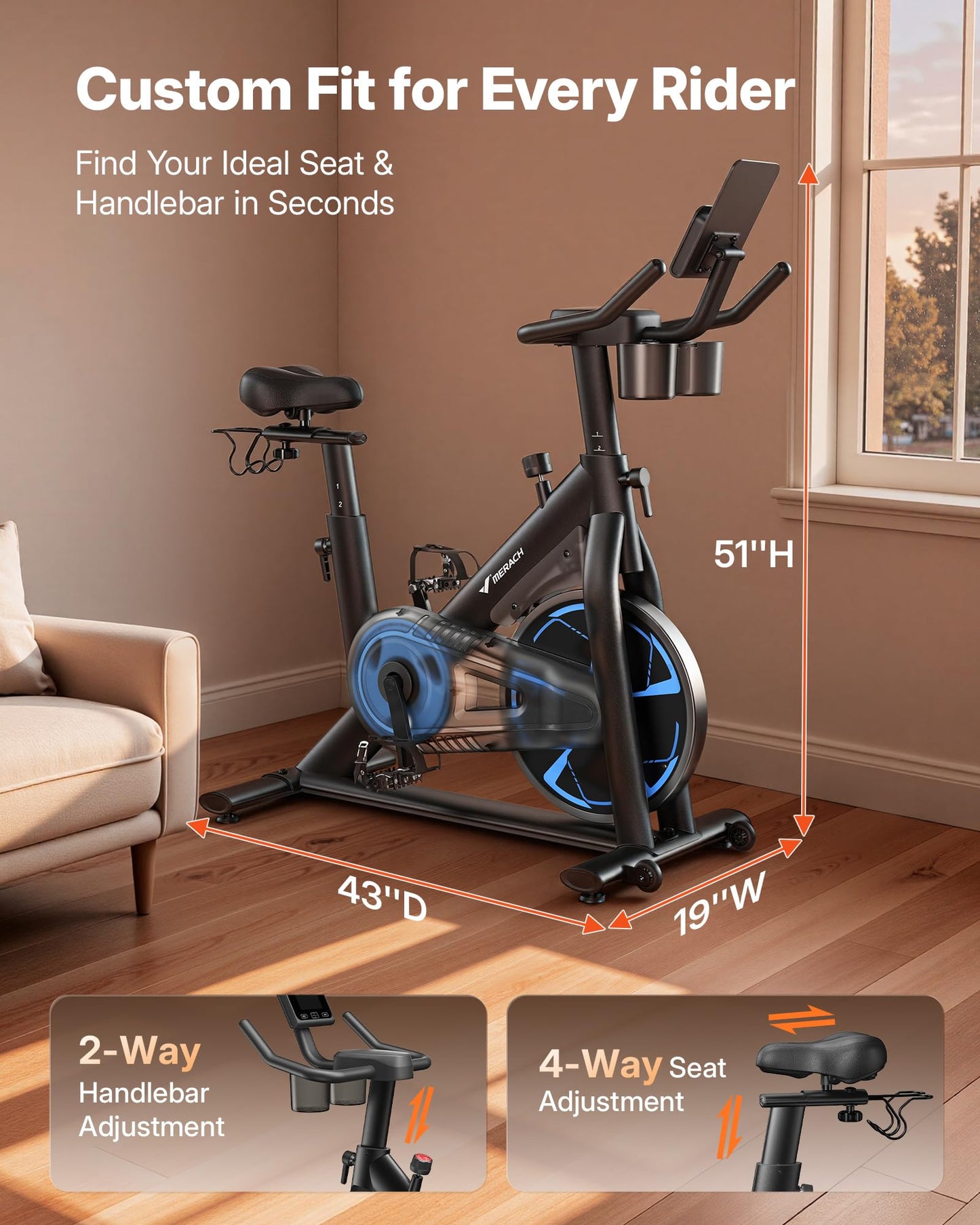 Merach Magnetic Exercise Bike, Low Noise Stationary Bike for Home with Comfortable Seat Cushion, Spin Bike with 330 lb Weight Capacity, Exclusive App, Tablet Mount and Fitness Courses