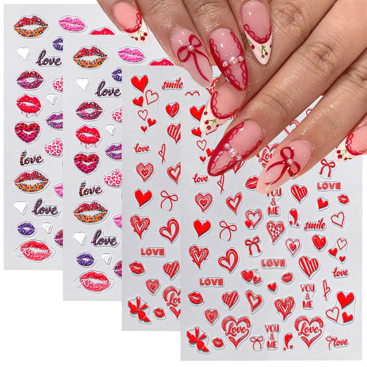 4 Sheets 5D Embossed Valentines Nail Art Stickers Red Heart Bow Nail Decals Self-Adhesive Romantic Love Red Lips Nail Design Stickers Cute Valentine's Nails Supply for Women DIY Manicure Decoration