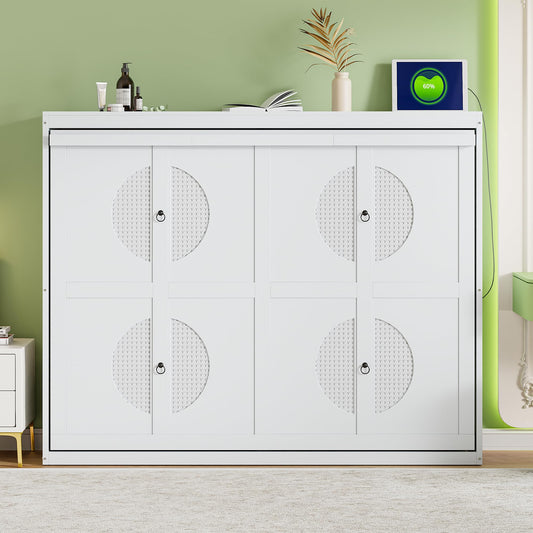 Ball & Cast Murphy Bed Queen Size Wall Chest with Charging Station and Slat Support,Wood Hideaway Cabinet Platform Bedframe w/Leg,can be Folded,Space-Saving,for Small Room,Dorms,White