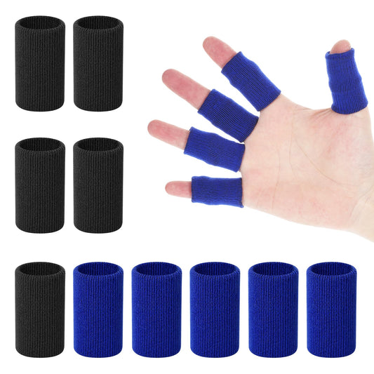 KALIONE Finger Sleeves Protectors, 10Pcs Sport Finger Sleeves, Elastic Fingers Support Sleeve, Compression FingerSleeves, Thumb Brace Support for Basketball, Golf (Black, Blue)