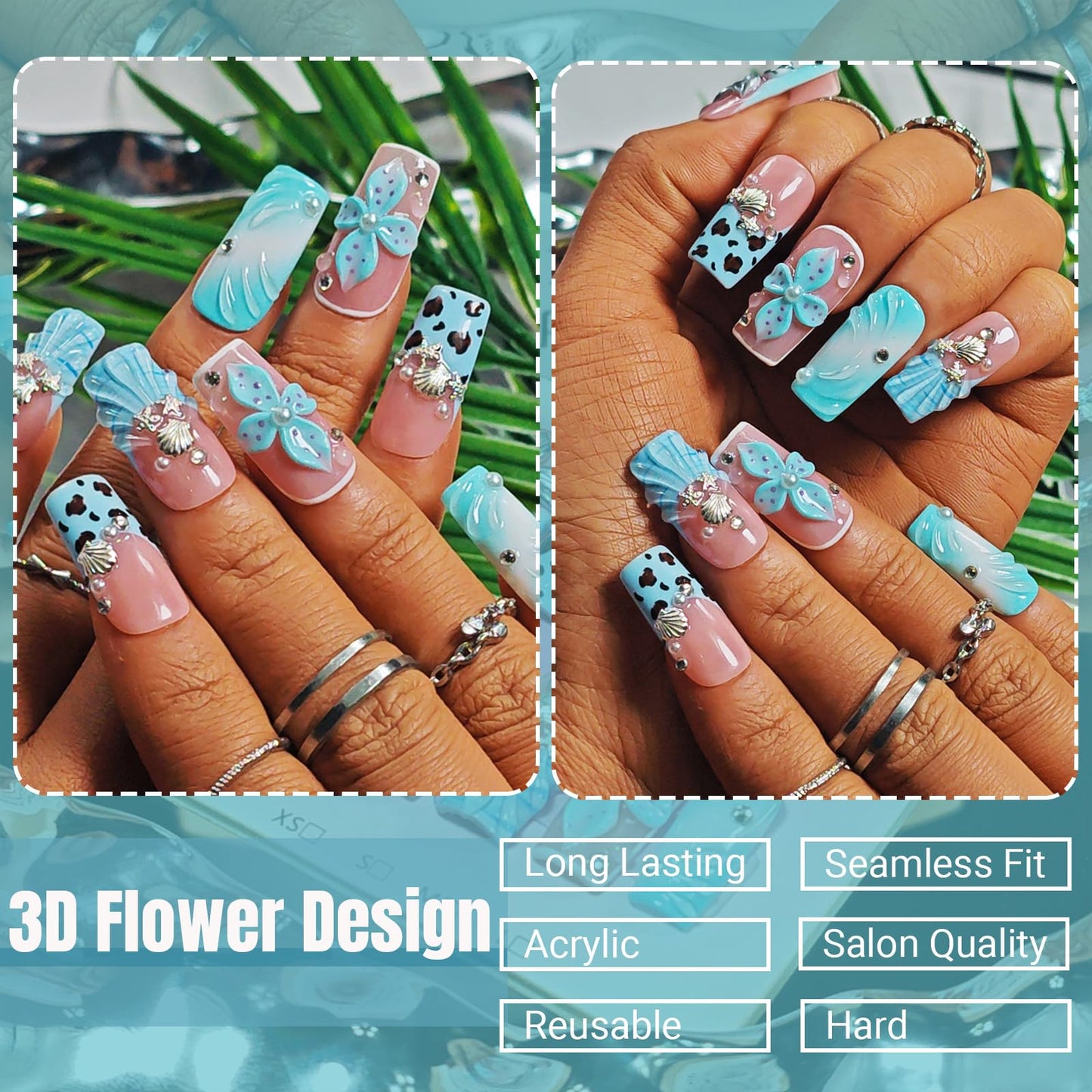 Handmade Press On Nails Square, Blue Press On Nails Medium, 3D Acrylic Nails French Tip Silver Flower Shell Leopard For Women Gift, Reusable Stick On Fake Nails Kit With Nail Glue(Tidal Blossom-S)