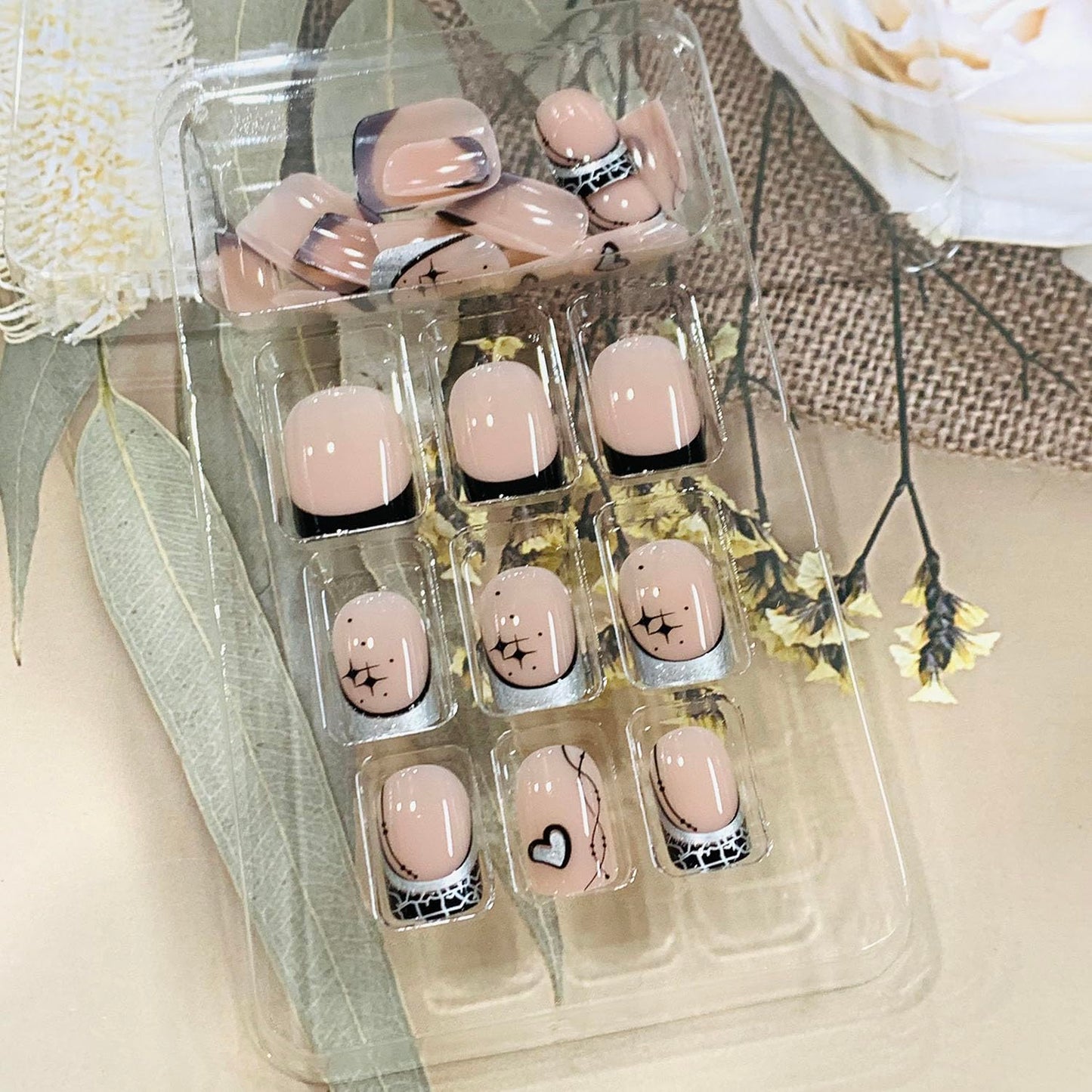 FIEONCIY Press on Nails Short Square Shaped Glossy Full Cover Acrylic Short Length Square False Nails with Designs Artificial Square Fake Nails Glue Stick ons Fingernails for Women Girls(JP3692)