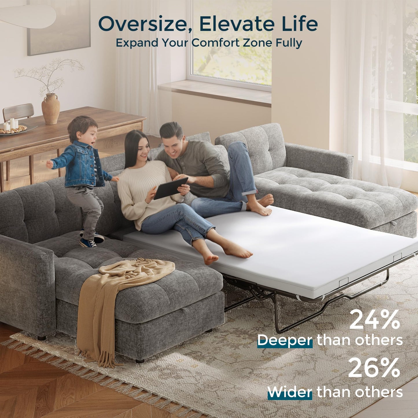LINSY Oversized Sectional Sleeper Sofa 152" Pull Out Bed and Storage Chaise, Convertible Sofa Bed with Memory Foam Topper, Comfy U Shaped Modular Couches for Living Room Apartment Dorm Room, Grey