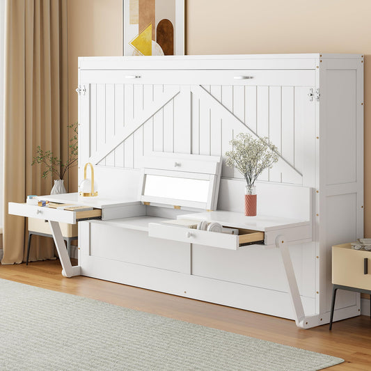 Merax Queen Size Murphy Bed with Vanity Desk, Foldable Murphy Cabinet Bed with Center Mirror and 2 Side Storage Drawers, Wood Space-Saving Hidden Wall Bed Cabinet for Guest Room Office, White