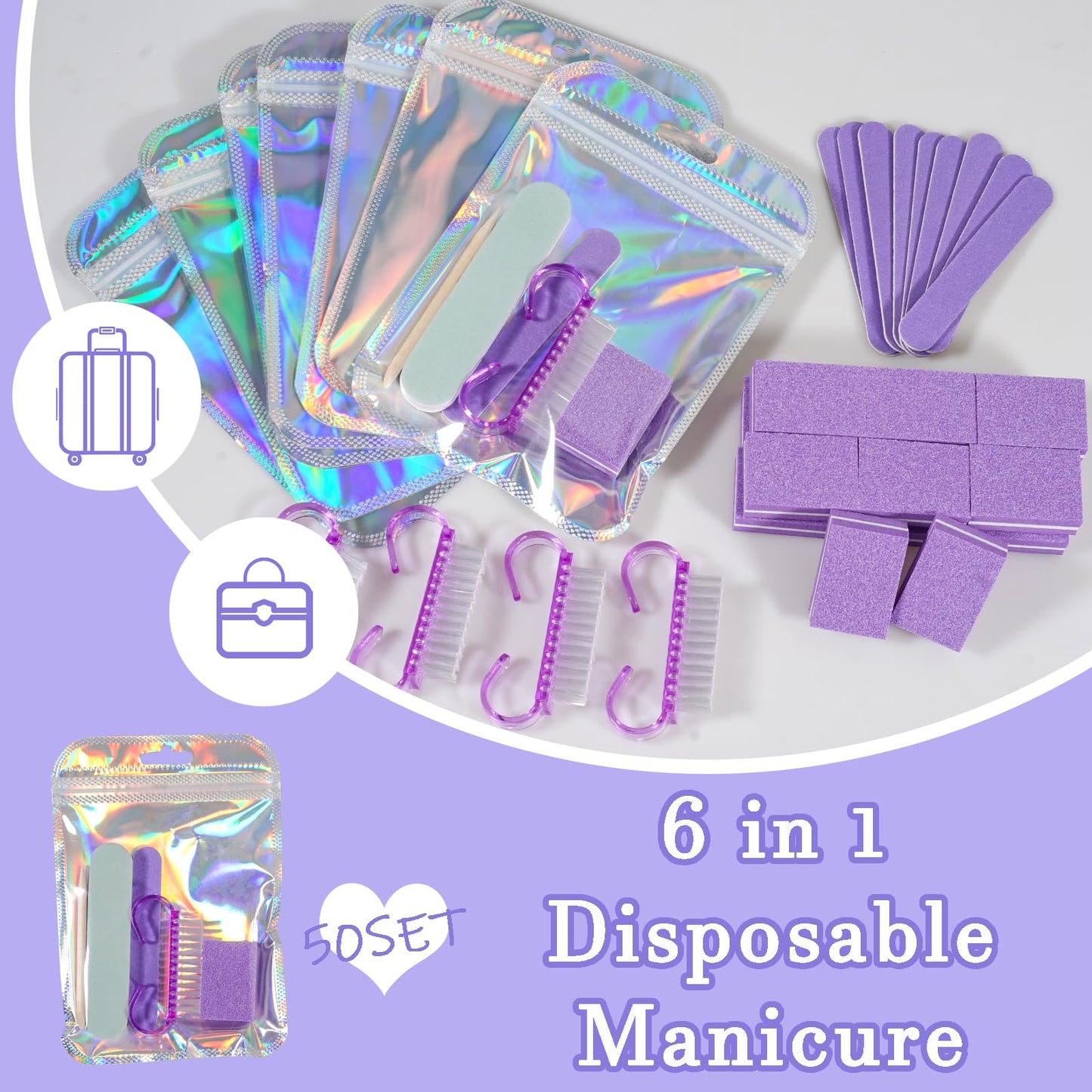 Disposable Manicure Kit Professional, 50 Set Press On Nail Tool Kit with Nail File, Nail Buffer, Nail Buffer Block, Nail Handle Brush, Wood Stick, Packaging Bag (Purple-50pcs)