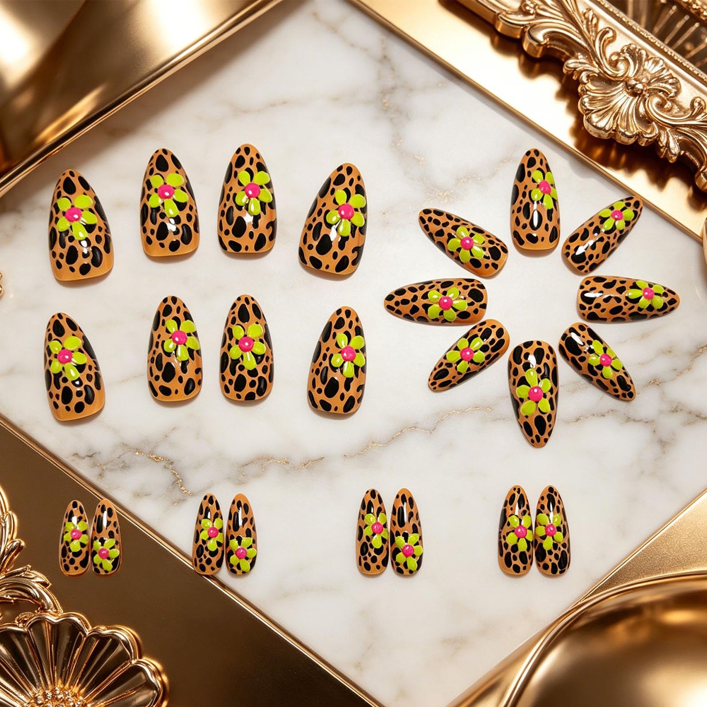 Leopard Print Press on Nails With Y2K Design, Glossy Yellow Flower Fake Nail, Medium Almond False Nails Cheetah Glue on Nail, Floral Stick on Reusable Acrylic Fingernails for Women Daily Wear