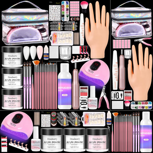 Acrylic Nail Kit for Beginners with Everything include Practice Hand Set with Powder,Drill U V Light in Silver Cosmetic Bag for Women Home Salon