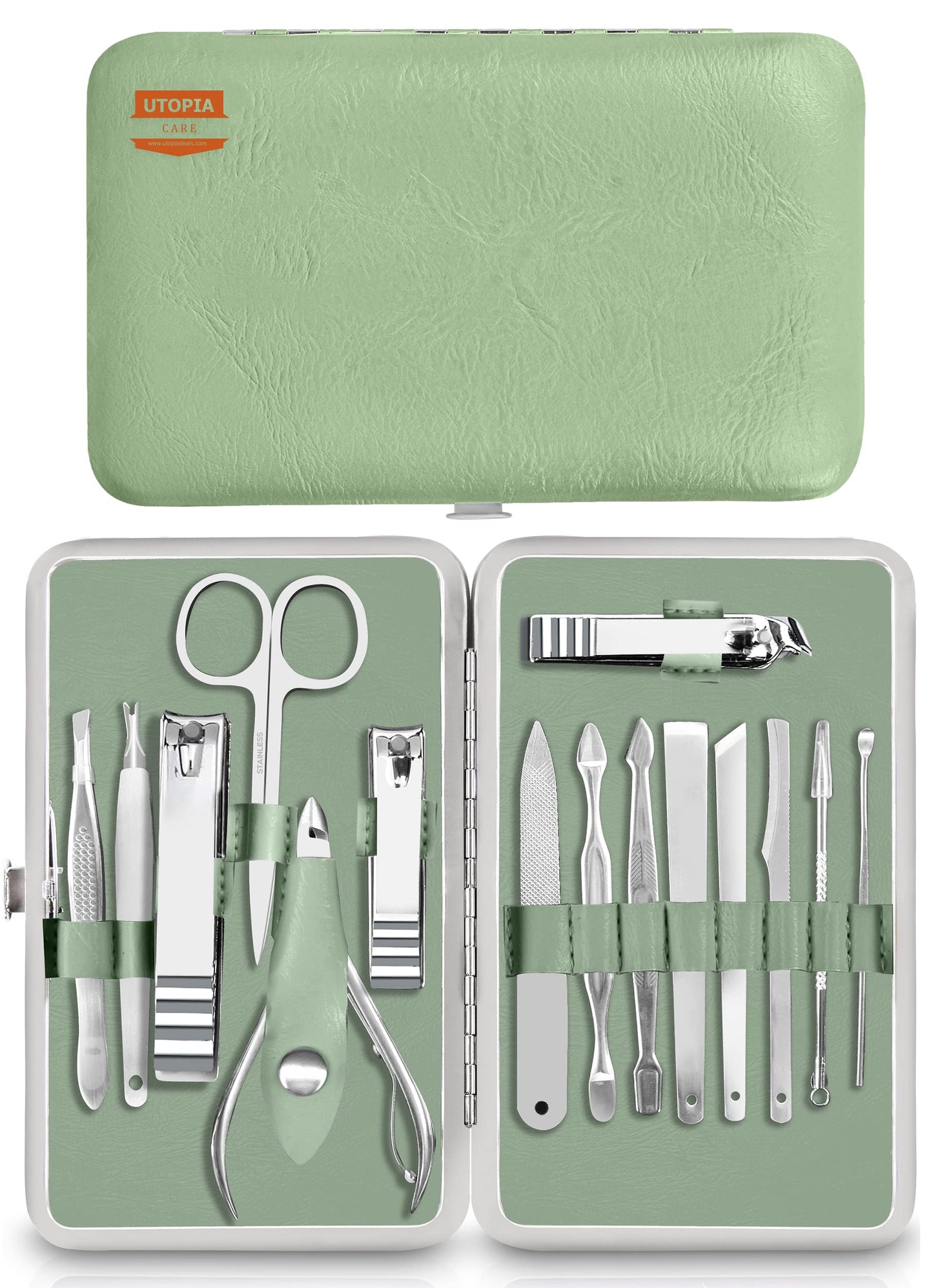 Utopia Care - Manicure Kit for Women and Men, Manicure Set with Nail Clippers or Nail Kit Includes Fingernail & Toenail Clippers,15-Pcs Pedicure Kit Stocking Stuffers with Travel Case - Green