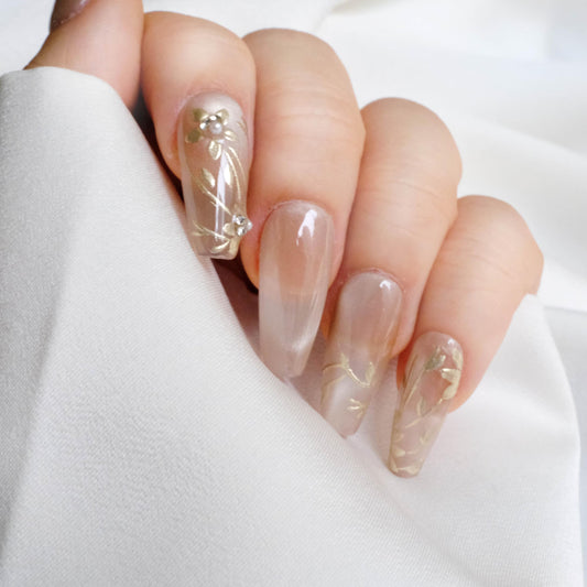 GLORS Nude Press-on Nails, Long Ballerina Shape, Gold Floral Design with Pearls, Handmade False Nail 10 Pieces (Small,LB)