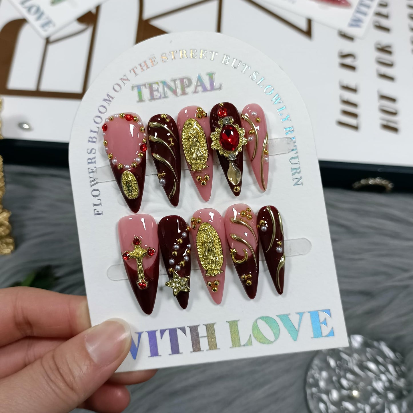 TENPAL Handmade Press on Nails Long Stiletto - Nude Pink Wine Cross Design Fake Nails with 3D Religious Charm | Acrylic Glossy Icy False Nails with Tools | Chapelcore Y2K Nails(S)