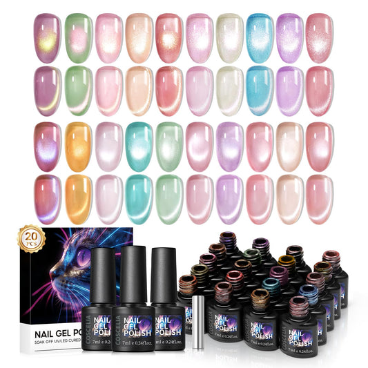 COSCELIA 20pcs Cat Eye Gel Nail Polish Set, 20 Spring Summer Colors Jelly Cateye Gel Polish with Magnet Collection Pink Milky Purple Blue Green Pink Magnetic Nail Polish Starter Kit Gifts for Women