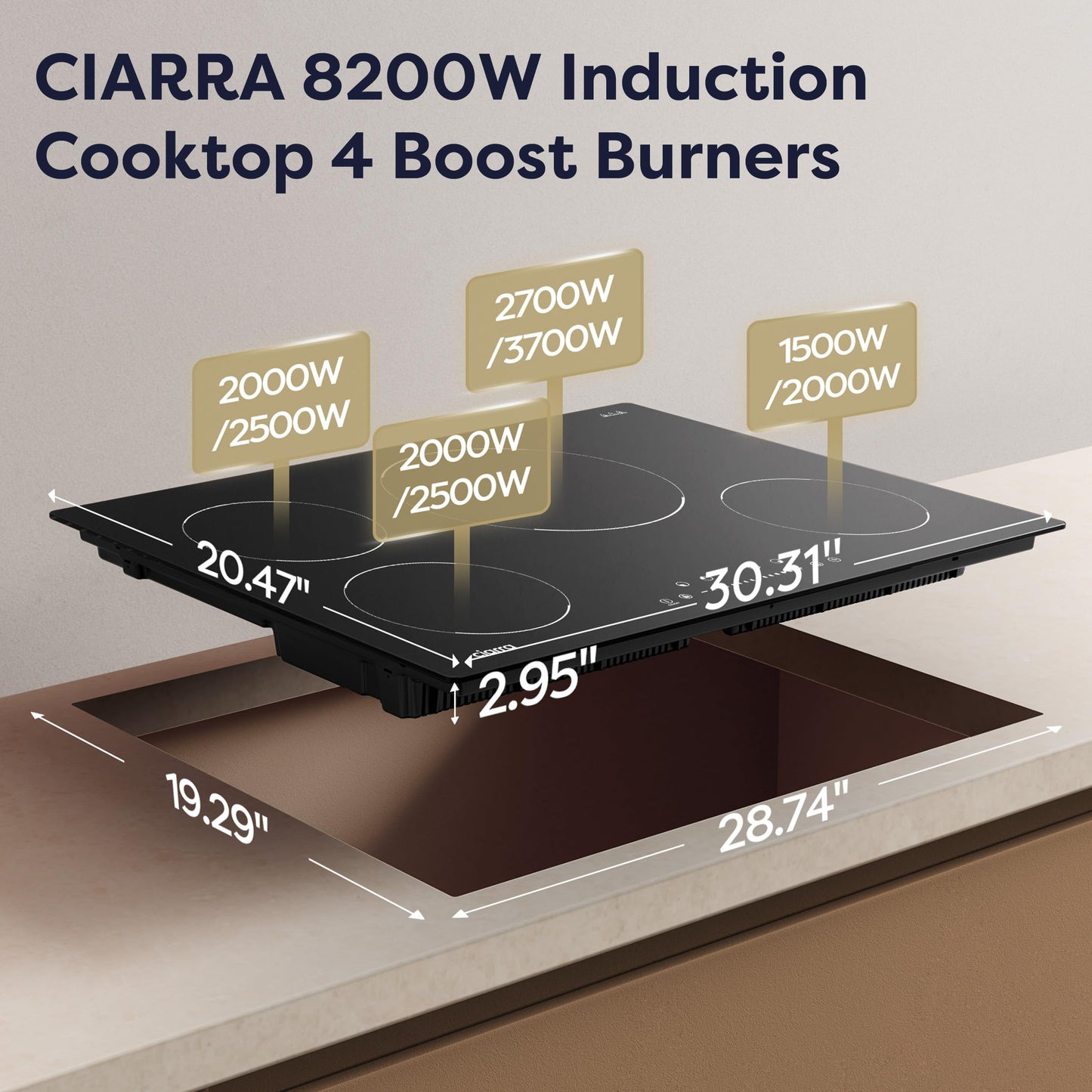 CIARRA 30 inch Induction Cooktop 4 Burners, 8200W Built-in Induction Stovetop with Booster, Timer & Safety Lock