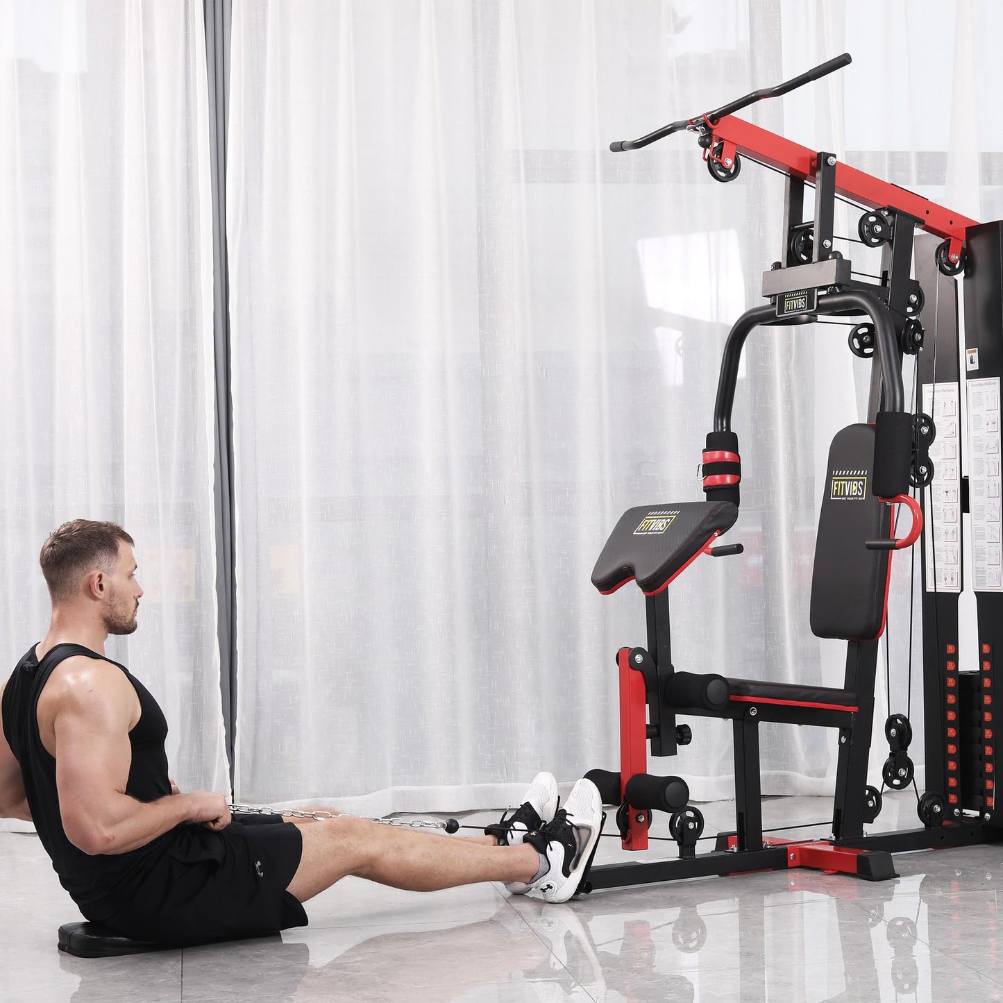 Fitvids Multifunctional Home Gym Equipment, Black/Red, with 122.5 lbs Weight Stack, Full Body Workout Weight Machine, All in One Exercise Equipment with Pulley System for Home Gym Strength Training