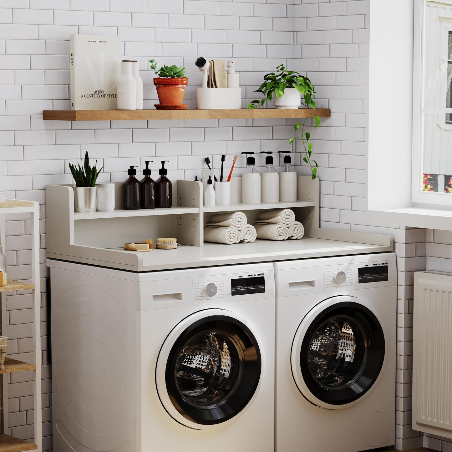 ChooChoo 2-Tier Washer Dryer Countertop with Adjustable Shelf, Spacious Laundry Room Storage for Folding Clothes and Efficient Organization, White