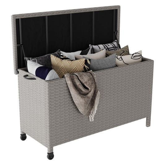 HarmonyHealth 120 Gallon Rattan Deck Box, Outdoor Storage Box With Wheels and Handle, Waterproof Large Storage Bench Organizer for Patio Backyard Cushions, Pool Supplies and Garden Tools, Grey