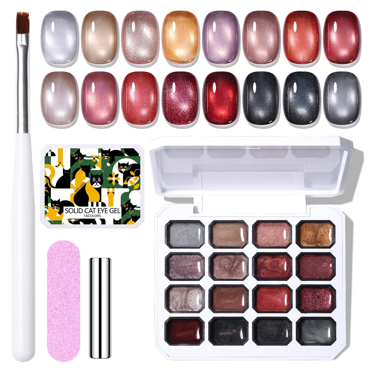 GELLAKTIK 16 Color Cat Eye Gel Polish Set - Magnetic Nail Polish Kit with Strong Magnet & Brush, Holographic Shimmer Gel for DIY & Salon Manicure at Home