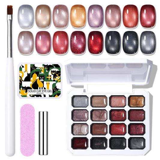 GELLAKTIK 16 Color Cat Eye Gel Polish Set - Magnetic Nail Polish Kit with Strong Magnet & Brush, Holographic Shimmer Gel for DIY & Salon Manicure at Home