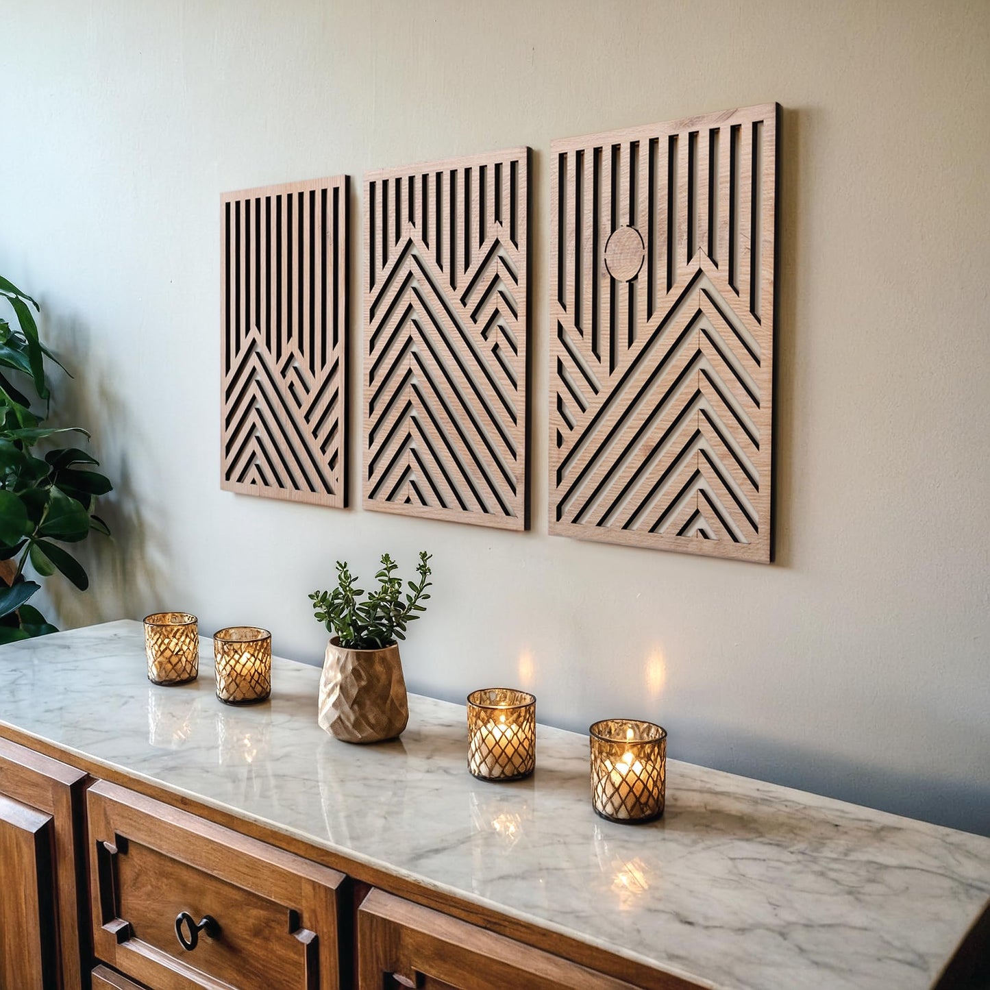 qmmp Modern Wooden Wall Sculptures - Set of 3 - Home Decor Accent - Large Wall Art for Living Room, Bedroom, Office - Easy Installation (Oak, Medium - Mountain and Sun)